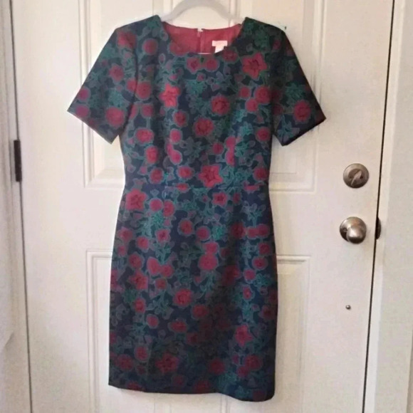 J CREW Factory Blue Burgundy Floral Print Short Sleeve Sheath Dress Sz 4 - Picture 2 of 5